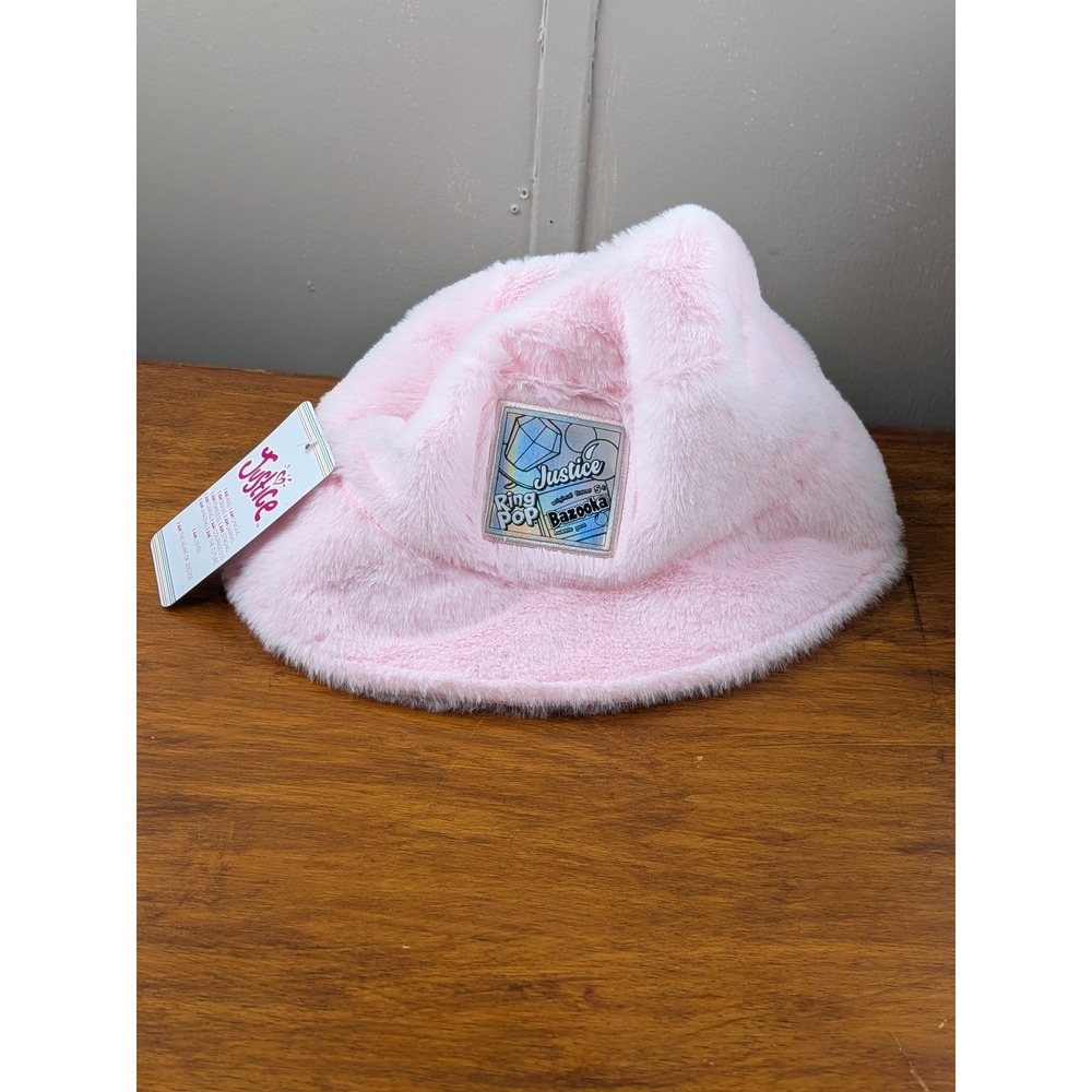 Justice Girls Pink Faux Fur Bucket Hat Ring Pop Bazooka Patch NWT